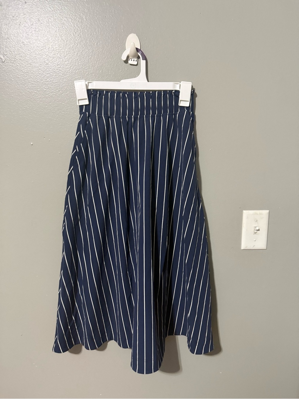 lululemon athletica Navy Blue and White Vertical-Stripe Midi Skirt